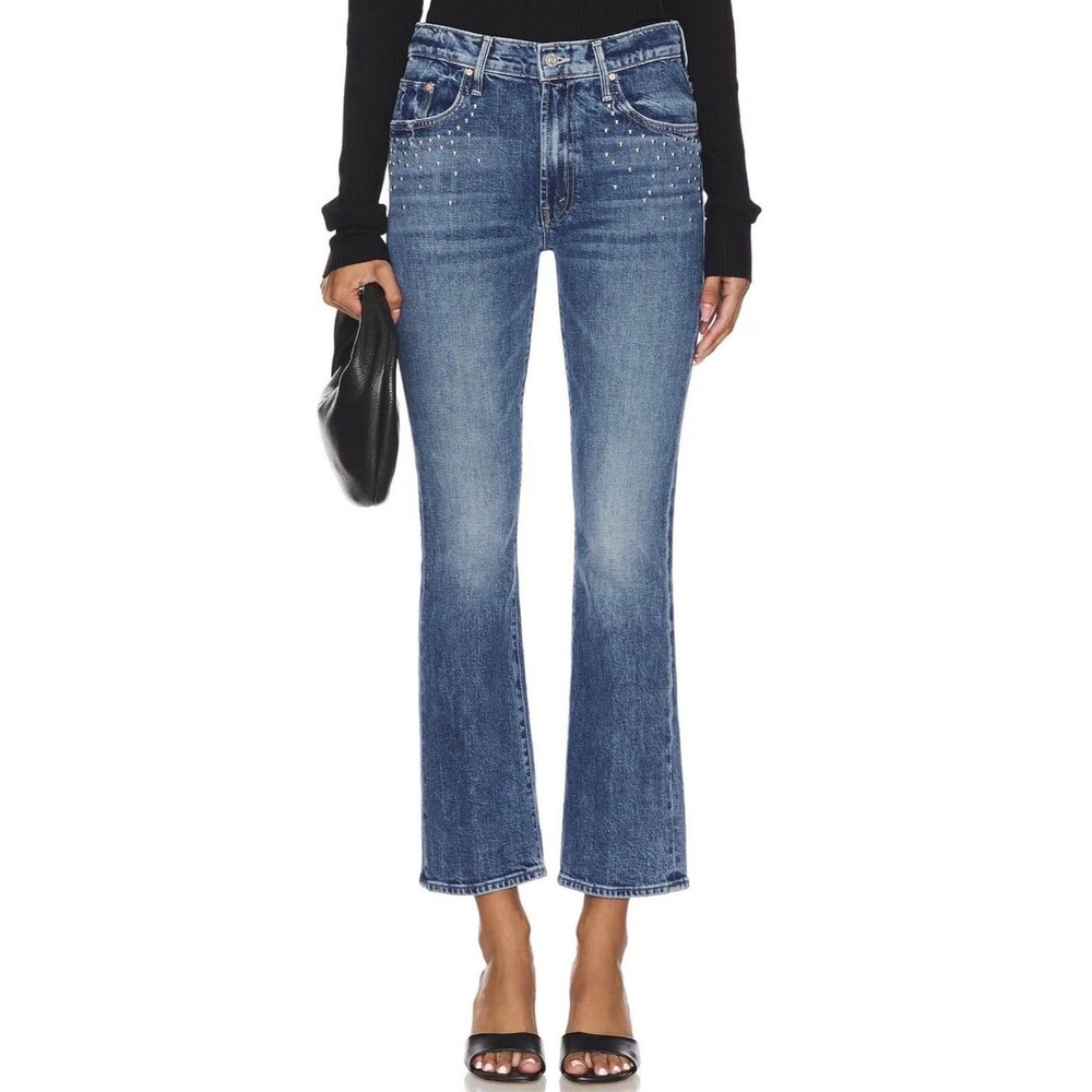 NWT Mother The Insider Flood in Metal Magic Studded Ankle Crop Bootcut Jeans 25